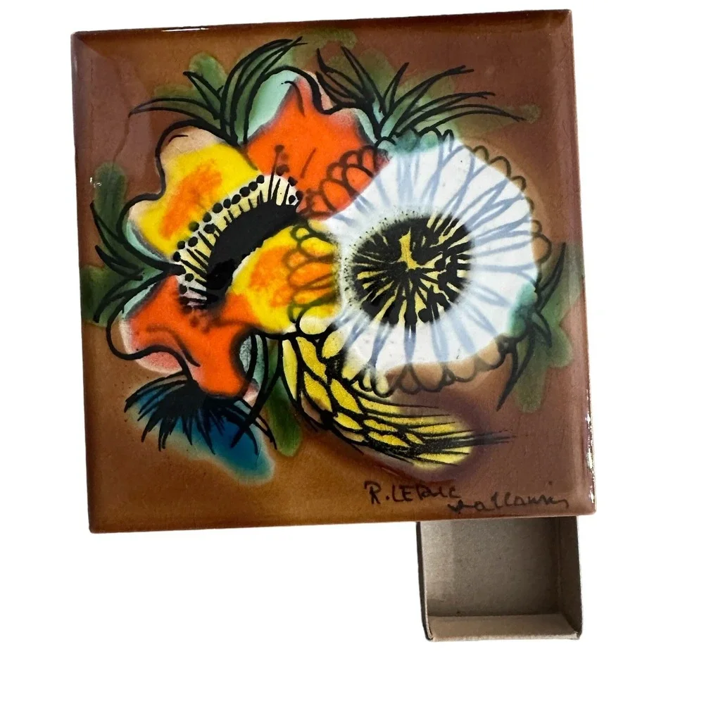 Vintage Ceramic Matchbox Tile Floral 4 Matchbooks Handmade 70's‎